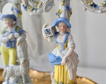 Pair of Rococo Porcelain Candelabras / Blue and Whit / Blue and Yellow
