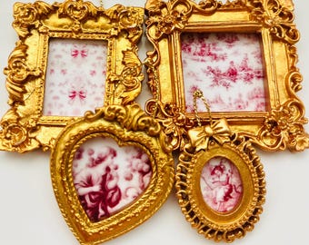 Pink Toile / Mini Framed Art / Rococo / Ornaments / Doll House Decor