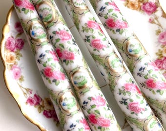 Famille Rose Tapered Candles, Chinoiserie Floral Decor, Set of 2