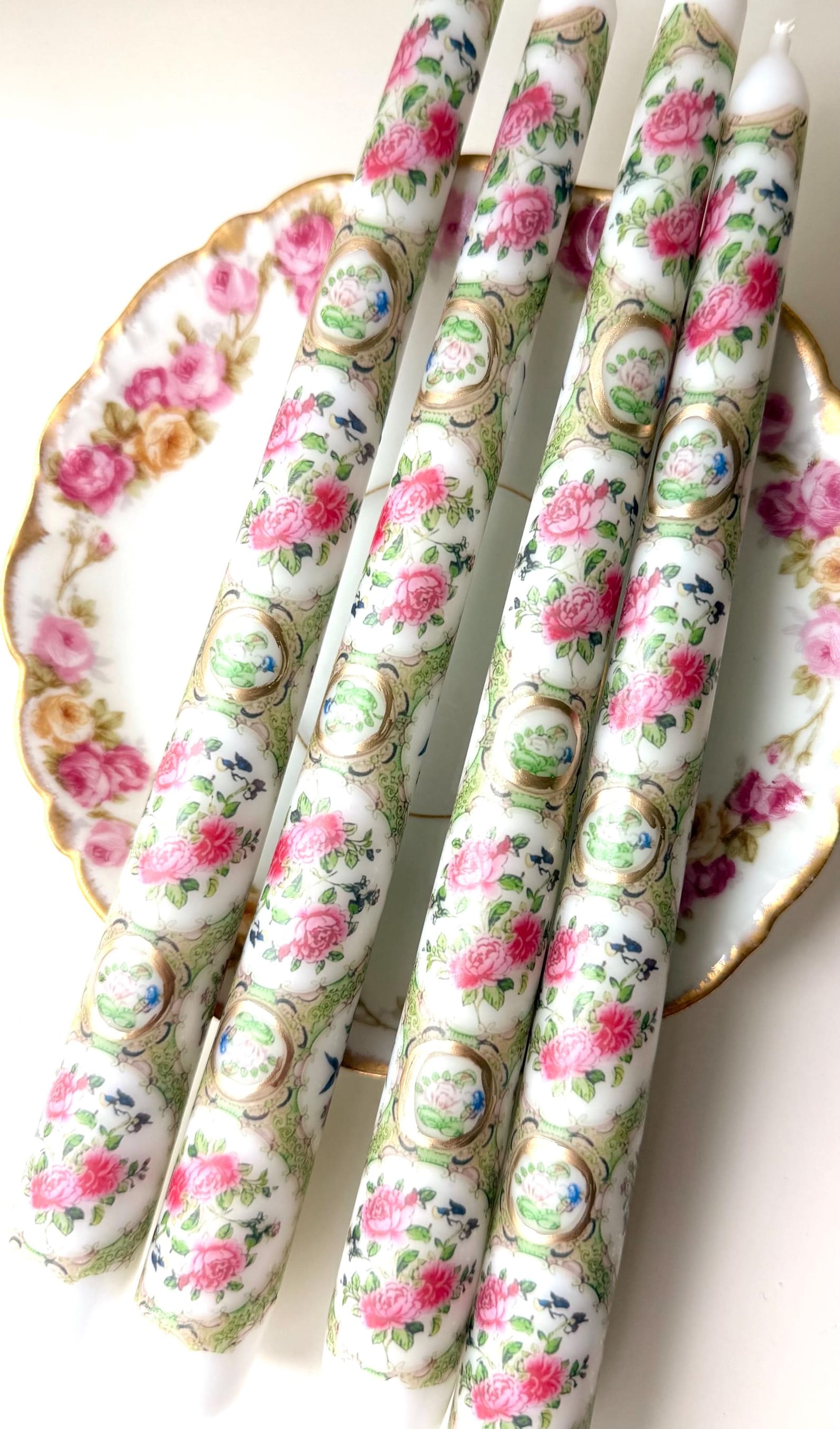 Famille Rose Medallion Tapered Candles, Chinoiserie Decor, Chintz Designs, Floral Pink and Green