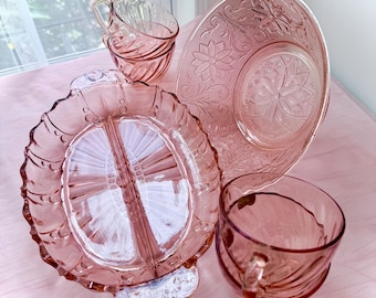 Vintage Pink Depression Glass Set 4pc, Floral Serving Plate, Divided Relish Dish, 2 Teacups, Grandmillennial Coquette Kitchen Decor