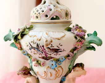 Vintage Rococo Porcelain Vase with Cherubs, Floral Baroque Decorative Urn, Pastel Pink Blue Green Gold Figurine, Romantic French Cottage Dec