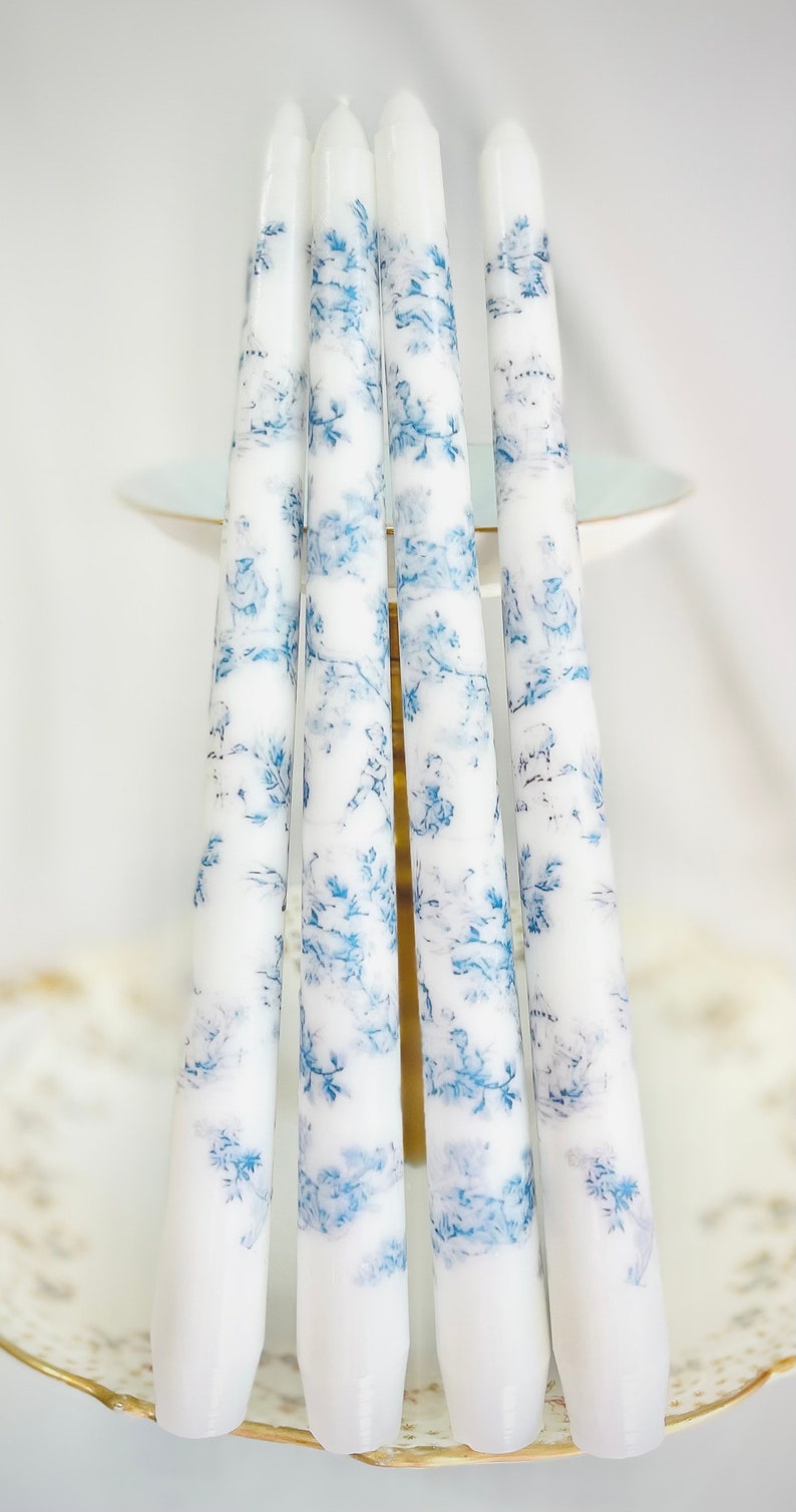 Blue Toile Tapered Candles / Set of 4 Candle Sticks / 4 Candlesticks