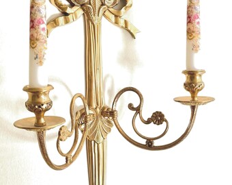 Solid Brass Wall Sconce for Tapered Candles / Vintage Brass / Bow