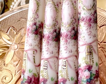 Theodora Rose Tapered Candles / Pink Floral Rococo Design / Set of 2