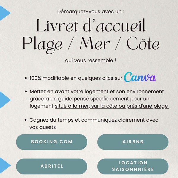 Livret d'accueil Airbnb, location saisonnière, Abritel Logement PLAGE mer océan Affiches Présentation en français, template Canva