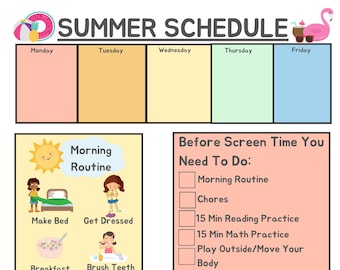 Digital Download-Summer Schedule for Kids- Preschooler Pastel Theme-Printable, Chores, Routines, Visuals