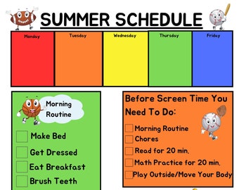 Digital Download-Summer Schedule for Kids- Sports Ball Theme-Printable, Chores, Routines, Visuals