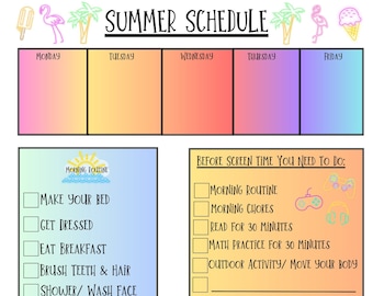 Digital Download-Summer Schedule for Kids, Tweens- Neon Theme-Printable, Chores, Routines, Visuals