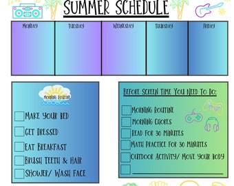 Digital Download-Summer Schedule for Kids/Tweens- Neon Blue Theme-Printable, Chores, Routines, Visuals