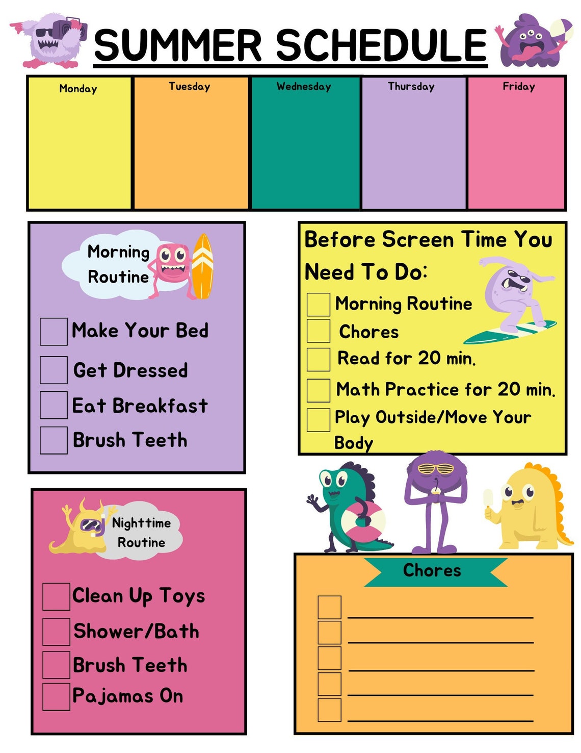 Summer Routine Pdf Digital Download-summer Schedule for Kids- Monster Theme-printable ...
