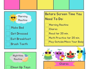 Digital Download-Summer Schedule for Kids- Summer Fruit Theme-Printable, Chores, Routines, Visuals