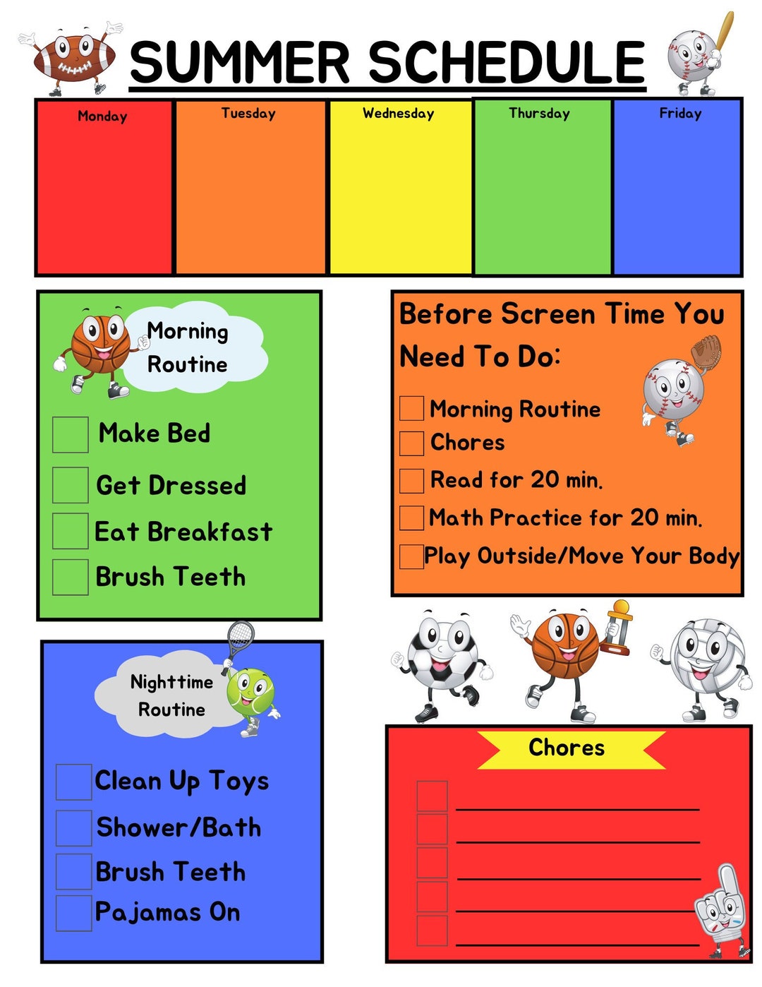 Digital Download summer Schedule For Kids Sports Ball Theme printable 