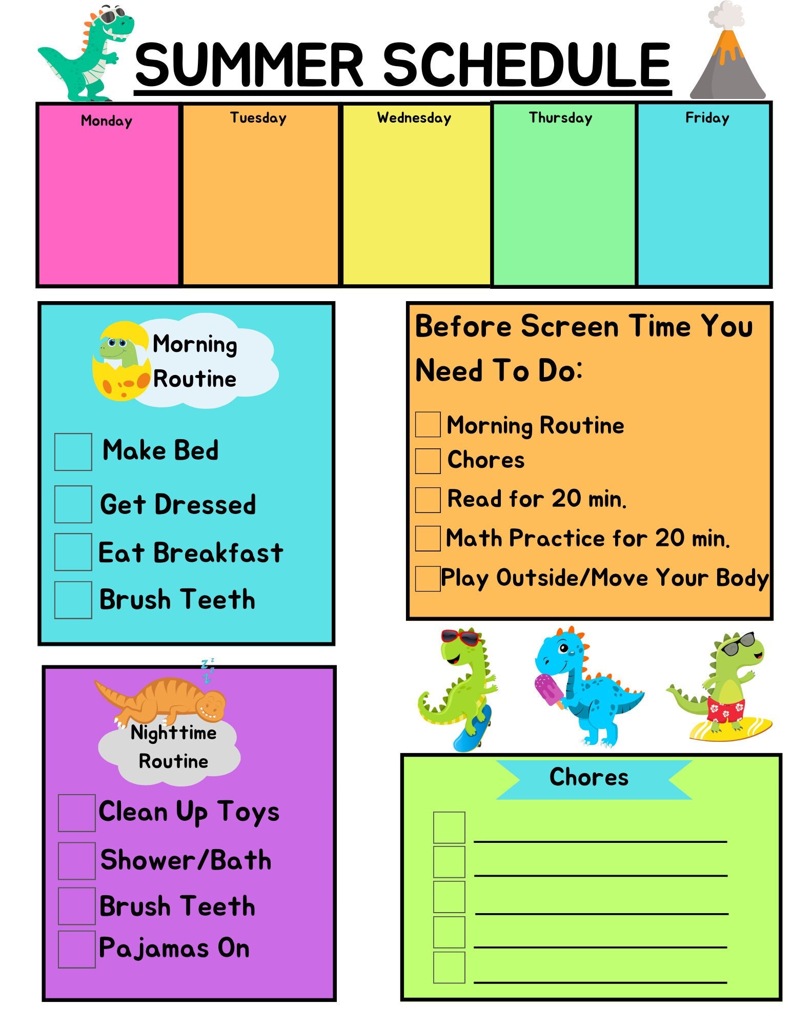 Digital Download-Summer Schedule for Kids- Dinosaur Theme-Printable, Chores, Routines, Visuals