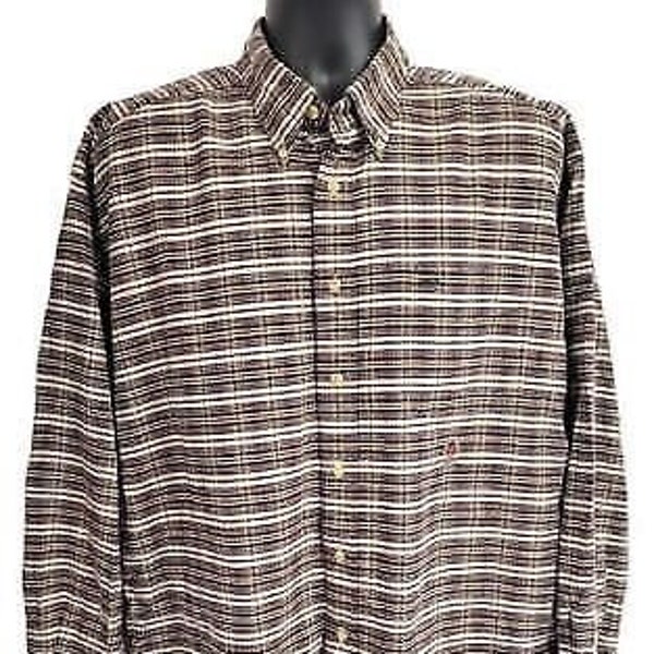 Vintage Tommy Hilfiger Men's XL Long-Sleeve Button-down in Plaid Brown with Classic Crest Logo Retro Fashion, Boho Chic, Collectible Apparel