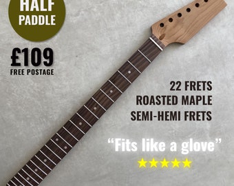 Obehandlad halvpaddelhals i rostad lönn/rosenträ med rund klack för Strat/band i rostfritt stål/sadel i ben