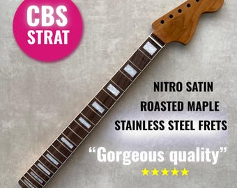 CBS-hals i rostad lönn med stratocaster - Greppbräda i rosenträ - Band i rostfritt stål - Sadel i ben - Nitro Satin - Häljusterad