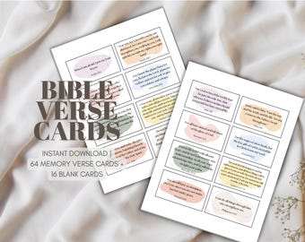 May include: A set of 64 printable Bible verse cards with colorful backgrounds and a set of 16 blank cards. The cards feature various Bible verses, including "For God so loved the world that he gave his one and only Son, that whoever believes in him shall not perish but have eternal life." (John 3:16)