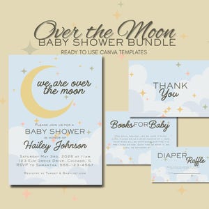 Over the Moon Baby Shower Invitation Template | Gender Neutral Baby Shower Invite Bundle | Moon and Stars Theme | Customizable Invitation