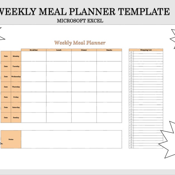 Weekly Meal Planner | Microsoft Excel | Shopping List | Grocery Planner | Instant Download | Printable | Templates