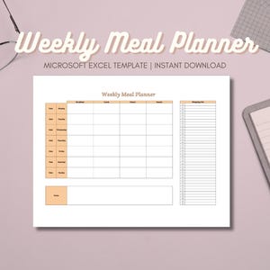May include: A printable weekly meal planner template in Microsoft Excel format. The template includes a section for planning meals for each day of the week, a shopping list, and a notes section.