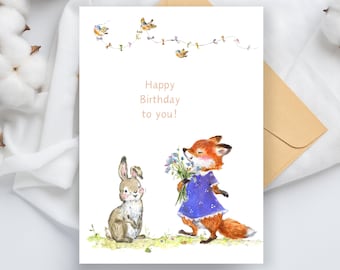 May include: A watercolor birthday card featuring a fox in a blue dress presenting flowers to a rabbit. The card reads "Happy Birthday to you!" and is decorated with birds on a string.