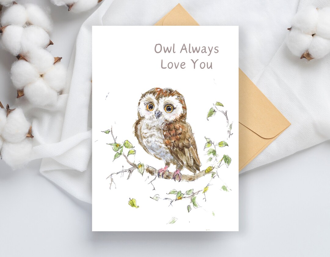 Printable Cute Owl Love Card, Cute Owl on a Branch, Foldable, Blank ...