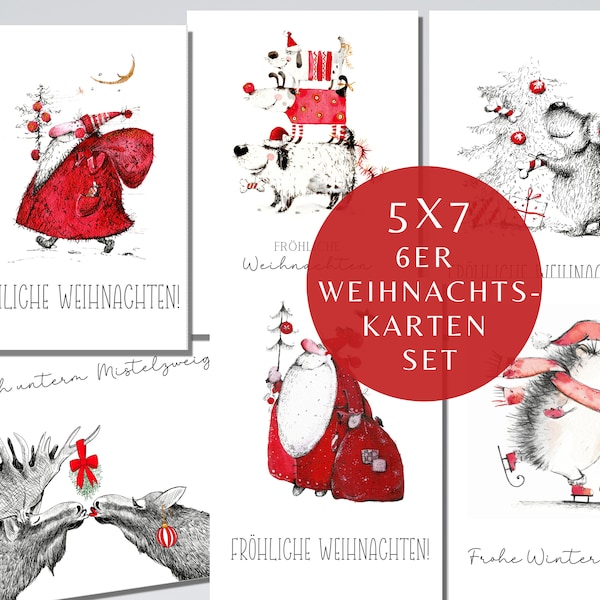 6er Weihnachtskarten Set, SET of 6 CHRISTMAS Printable Cards, Foldable Christmas Cards, Blank Christmas Cards, Printable, Digital