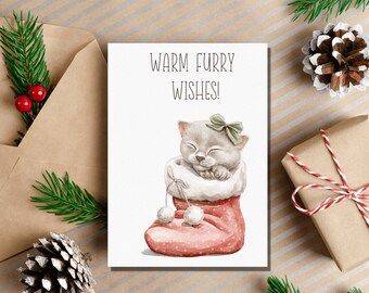 Printable Christmas Card, Cute Kitten Foldable Christmas Card, Blank Christmas Card, Merry Christmas Card, Printable, Digital