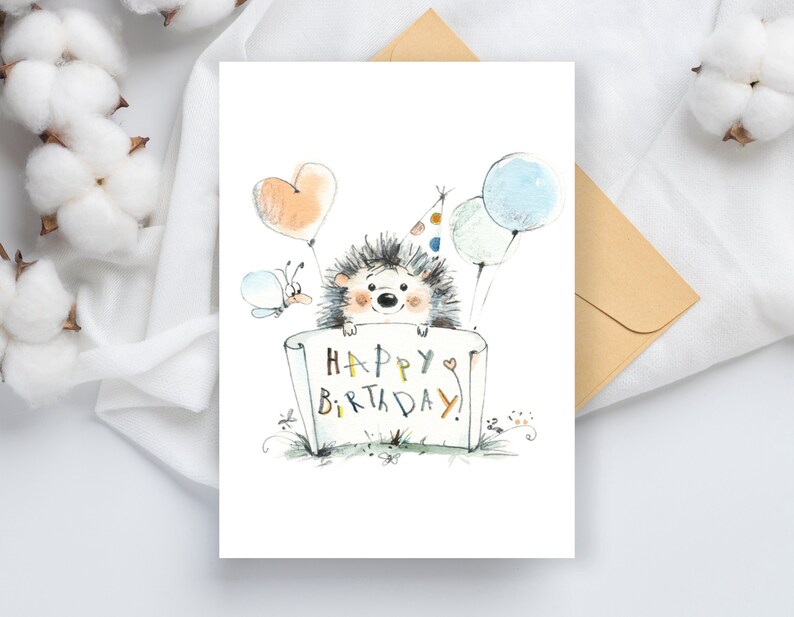 Printable Birthday Card, Cute Hedgehog With Balloons, Foldable, Blank ...