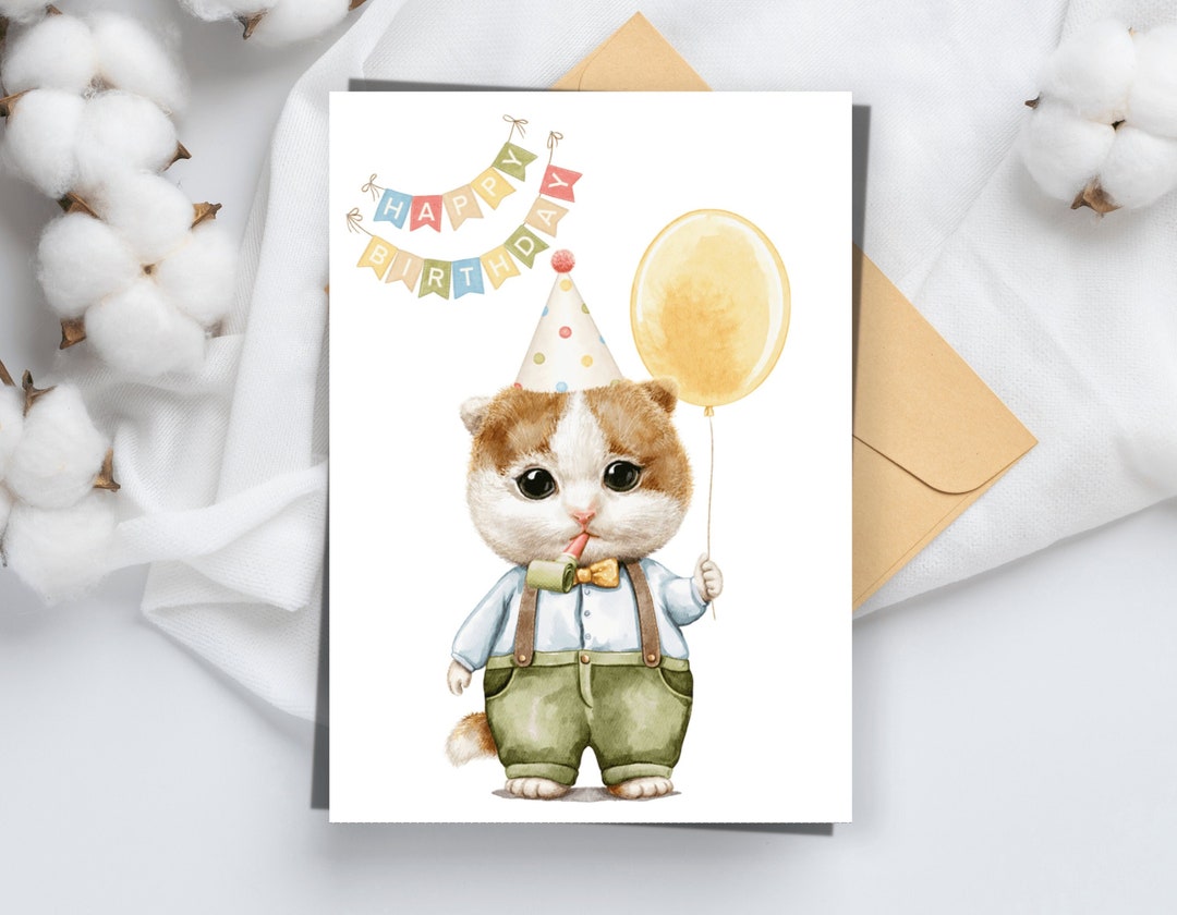 Printable Cat Birthday Card: Foldable 5x7 (digital Download) - Etsy