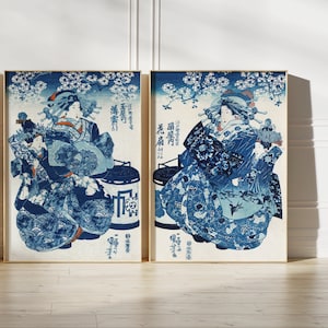 Japanese Blue Print Set, Vintage Japanese Wall Art, Printable Wall Art, Utagawa Kuniyoshi Print, Vintage Decor, Blue Art Print Instant