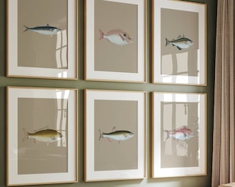 Neutral Fish Prints Gallery Wall Set, Watercolour Fish Wall Art, Marine Prints, British Fish Breeds Prints, Watercolour Fish Art Prints Set
