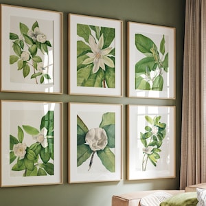Leaf Floral Print Set, Green Botanical Wall Art, Printable Art Set, Set of 6 Statement Wall Art, Vintage Art, Botanical Gallery Wall Leaves