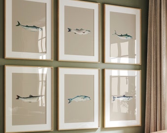 Vintage Fishing Art Prints Set: Neutral Fish Wall Decor (Digital Download)