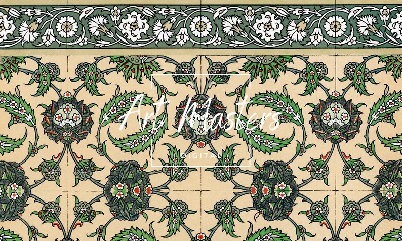 Peut inclure: Un motif r&eacute;p&eacute;titif de fleurs et de feuilles stylis&eacute;es dans des tons de vert, blanc, rouge et noir sur un fond cr&egrave;me. Le motif est sym&eacute;trique et pr&eacute;sente un design islamique traditionnel.