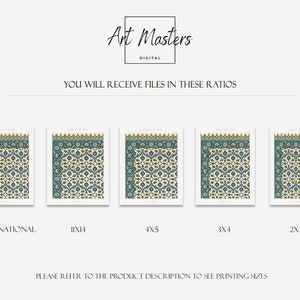 Peut inclure: Cinq images de tailles diff&eacute;rentes d'un motif de carrelage islamique traditionnel avec un fond blanc, des motifs floraux bleus et verts et une bordure dor&eacute;e. Le texte "INTERNATIONAL", "11X14", "4X5", "3X4" et "2X3" est situ&eacute; sous chaque image.