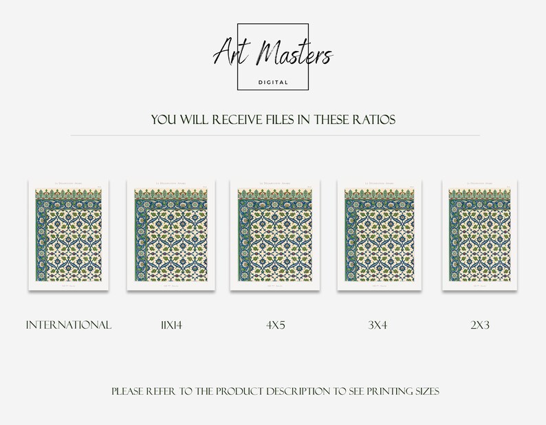 Peut inclure: Cinq images de tailles diff&eacute;rentes d'un motif de carrelage islamique traditionnel avec un fond blanc, des motifs floraux bleus et verts et une bordure dor&eacute;e. Le texte "INTERNATIONAL", "11X14", "4X5", "3X4" et "2X3" est situ&eacute; sous chaque image.
