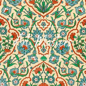 Peut inclure: Un motif sans couture avec un motif r&eacute;p&eacute;titif de fleurs stylis&eacute;es dans des tons de rouge, bleu, vert et blanc sur un fond cr&egrave;me.
