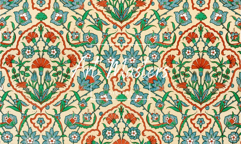 Peut inclure: Un motif sans couture avec un motif r&eacute;p&eacute;titif de fleurs stylis&eacute;es dans des tons de rouge, bleu, vert et blanc sur un fond cr&egrave;me.