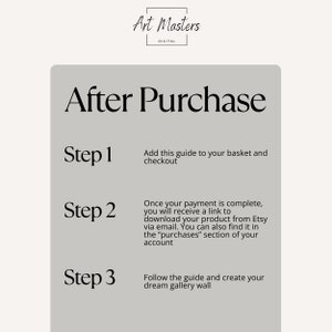 Puede incluir: Un gr&aacute;fico blanco y gris con el texto "Despu&eacute;s de la compra" en negro. El gr&aacute;fico describe tres pasos para comprar un producto digital: agregar al carrito, descargar y seguir la gu&iacute;a.