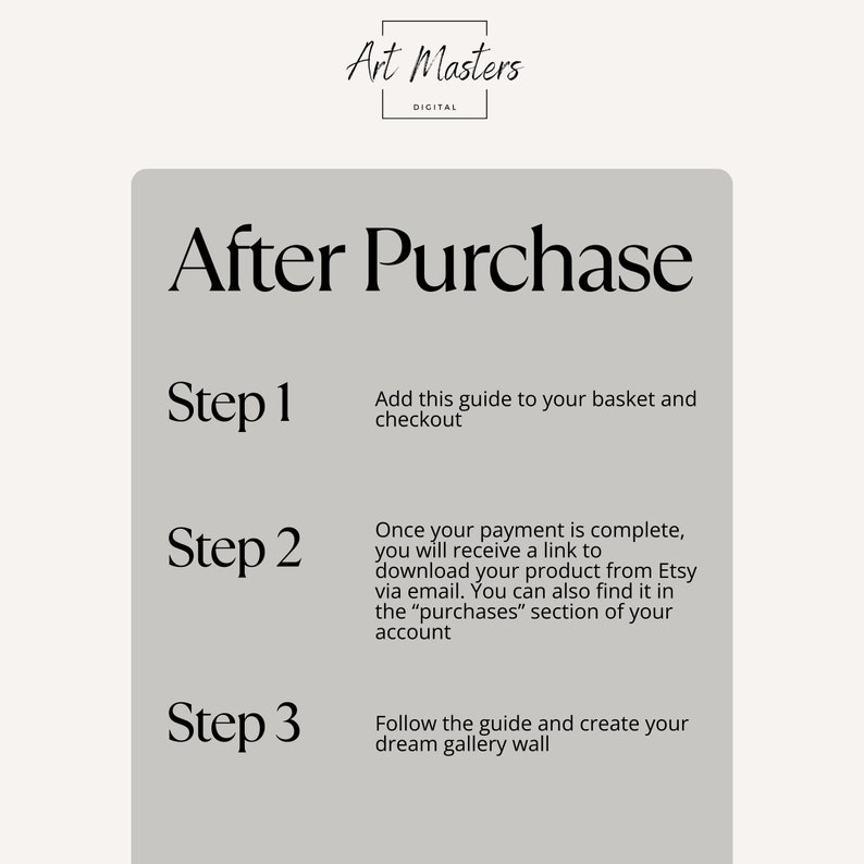 Puede incluir: Un gr&aacute;fico blanco y gris con el texto "Despu&eacute;s de la compra" en negro. El gr&aacute;fico describe tres pasos para comprar un producto digital: agregar al carrito, descargar y seguir la gu&iacute;a.