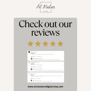 Puede incluir: Cinco estrellas doradas y una captura de pantalla de las rese&ntilde;as de los clientes para Art Masters Digital en Etsy. Las rese&ntilde;as son positivas y mencionan la capacidad de respuesta del vendedor, la belleza de las impresiones y la excelente experiencia general.