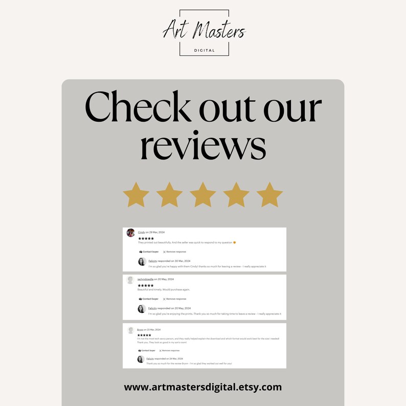 Puede incluir: Cinco estrellas doradas y una captura de pantalla de las rese&ntilde;as de los clientes para Art Masters Digital en Etsy. Las rese&ntilde;as son positivas y mencionan la capacidad de respuesta del vendedor, la belleza de las impresiones y la excelente experiencia general.