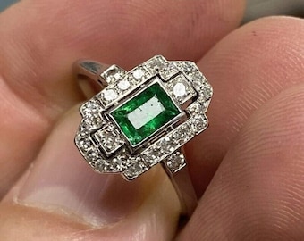 Anello di fidanzamento vintage Art Déco con smeraldo, anello con pavé di smeraldo taglio smeraldo, anello di promessa antico con smeraldo, anello da sposa con gemma verde