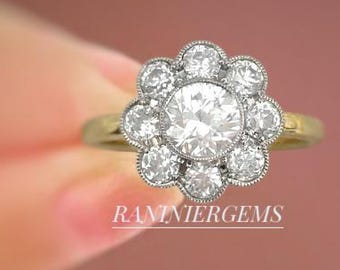 Art Deco Floral Moissanite Cluster Ring, Vintage Style Engagement Ring (5MM Center)