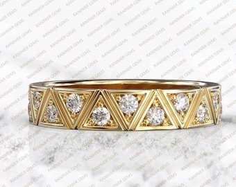 Anillo de oro con banda geométrica de diamantes: Anillo de boda apilable de estilo art déco