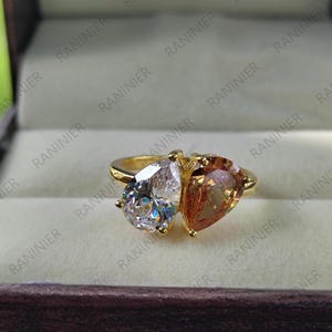 Pear Cut Toi et Moi Ring: White & Champagne CZ Engagement Ring