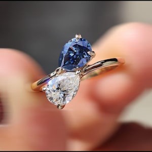 Handmade Toi Et Moi Ring: Pear Cut Blue & White Diamond Engagement Ring