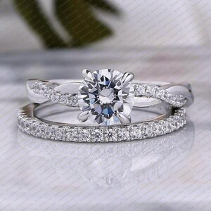 Round Moissanite Sterling Silver Wedding Ring Set: Twisted Bridal Rings